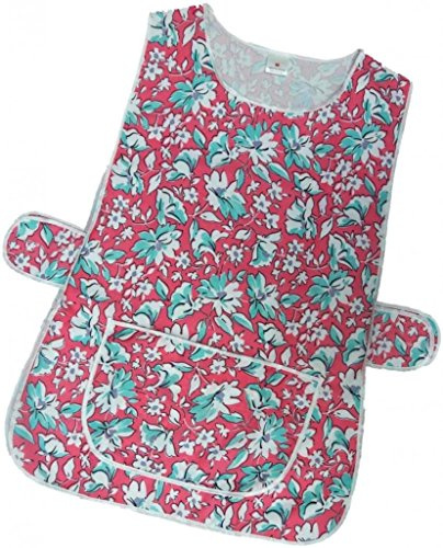Ladies Floral Home/Work Tabard (Tabbard) Apron with Single Large Front Pocket, White Piping and Side Fastening Button Tabs - (UK 16/18 (OS), Pink Floral)