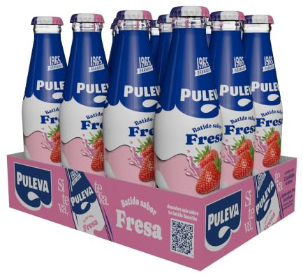 Puleva - Batido de Fresa, 90 % Leche, 30% Menos Azúcar, Sin Edulcorantes, Fuente de Calcio, Vitaminas D y Proteínas, Botella de Cristal, Pack 12 x 200 ml