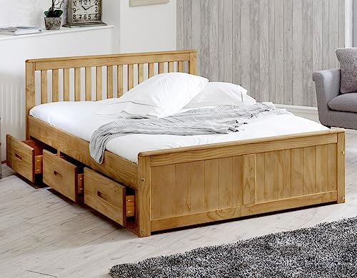 Happy Beds Mission Wooden Solid Waxed Pine Storage Bed Drawers Furniture Frame 4'6'' Double 135 x 190 cm