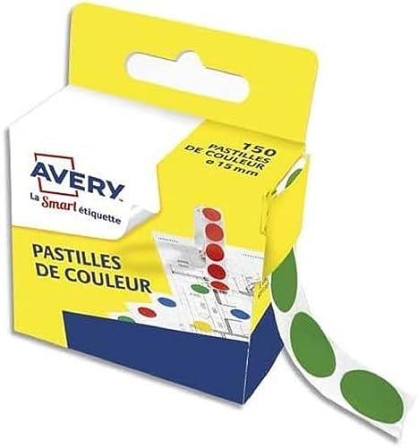 AVERY - Boite distributrice de 150 pastilles vertes autocollantes, Diamètre 15 mm