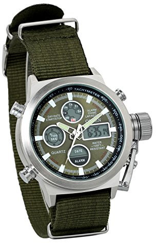 JewelryWe Herren Armbanduhr, Analog Digital Dual Time Studenten Uhr mit nachtleuchtend Zeiger, Hintergrundbeleuchtung, Alarm, Stoppuhr, Chronograph, Glockenspiel, Nylon Armband austauschbar (Grün)