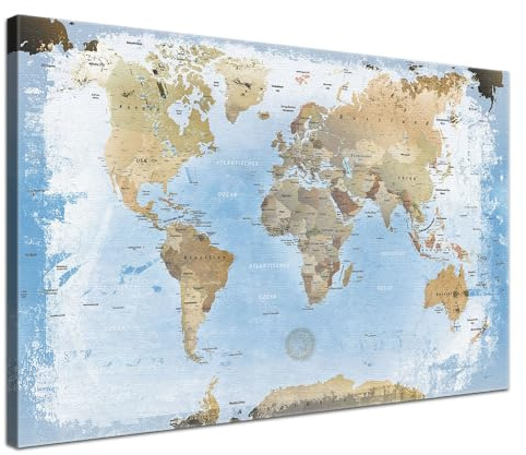 Stilvolle Pinnwand Weltkarte - Ice - Deutsch in 120 x 80 cm, stabile Rückwand zum Pinnen inkl. Starterkit - Leinwand-Kunstdruck Wandbild Landkarte XXL