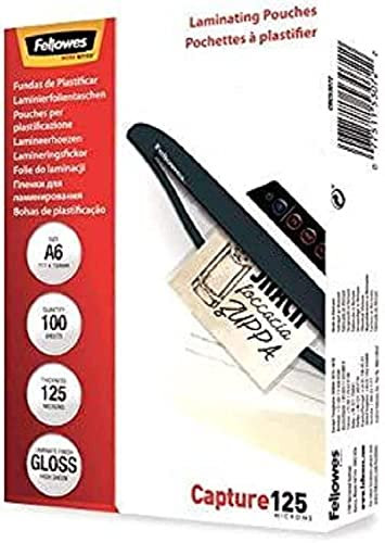 Fellowes Laminierfolien im Format A6, 125 Mikron (2 x 125 mic), glänzende Heißlaminierfolien, 100 Stück