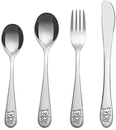 Vinsani 4pcs Kids Stainless Steel Childrens Little Bear Cutlery Set - 1 x Dinner Knife 1 x Fork 1 x Spoon 1 x Dessert Spoon Child and Toddler Safe Silverware Flatware for Home Primary School