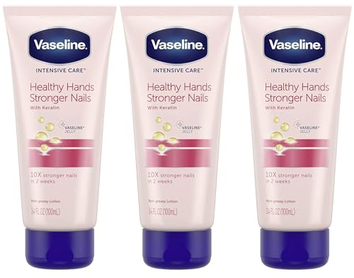 Vaseline Lotion, Healthy Hands Stronger Nails with Keratin 3-Pack – Intensive Care Hand Lotion with Petroleum Jelly, 3.4 Oz Ea