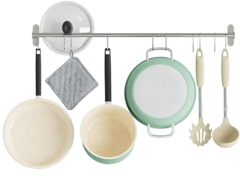 Wallniture Lyon 31.5 Wall Mount Kitchen Utensil Holder With 10 S Hooks For Hanging Pots and Pans Set