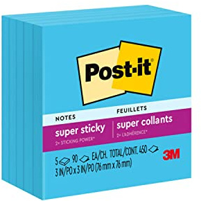 Post-it Super Sticky Notes, 2X Sticking Power, 3 x 3-Inches, Electric Blue, 5-Pads/Pack (654-5SSBE)