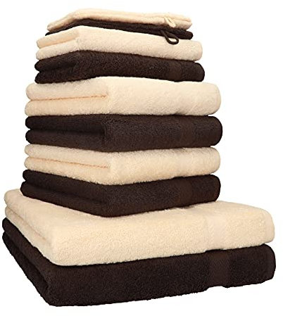 Betz 10-TLG. Handtuch-Set Premium 100% Baumwolle 2 Duschtücher 4 Handtücher 2 Gästetücher 2 Waschhandschuhe Farbe Beige & Dunkel Braun