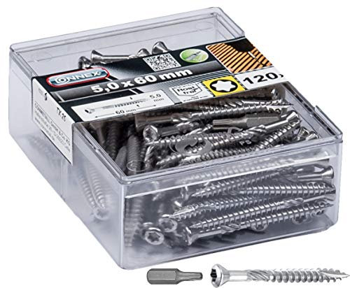 Connex Terrassenschrauben 5,0 x 60 mm - 120 Stück - Mit Bohrspitze & Schneidkerbe - Senkkopf - TX-Antrieb - Rostfreier Edelstahl C1 - Inkl. Bit / Terrassen-Befestigung / Schrauben-Box / DK3230003