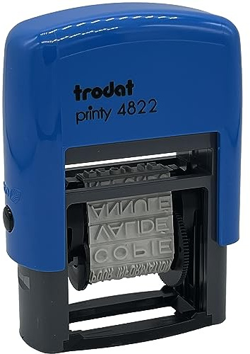 Tampon Trodat Printy 4822A avec 12 messages sur le même tampon. Encrage automatique bleu rechargeable.
