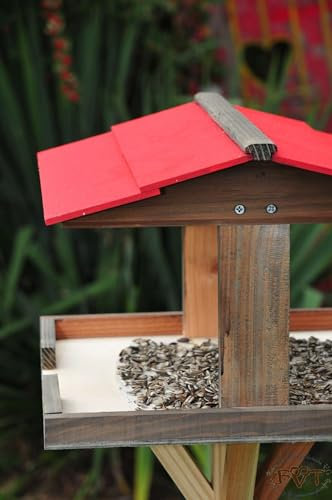 vogelhäuschen groß, mit ständer DACH ROT / Vogelhaus,wetterfest IN ANTHRAZIT (SCHWARZLASUR),VIERDAROT-at001 große Futterfläche + Dach,mit ständer,3D- -,Vogelfutterhaus,MIT-Futterstation Farbe schwar
