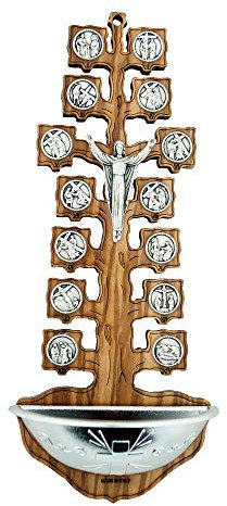 VILLAGE GIFT IMPORTERS Olive Wood Stations of The Cross Holy Water Font (Tree-Style)