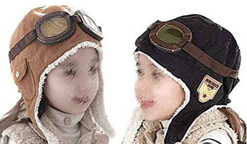 CTKcom 2-Pack Pilot Aviator Fleece Warm Hat Cap with Earmuffs for Kids，2 Pack (Coffee+Black)