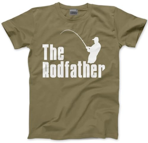 HotScamp The Rodfather Mens T Shirt - Fishing Clothing for Men - Fishing Gear - Funny Dad Tshirt - Khaki, M