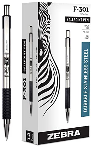 Zebra Pen STEEL F-301 Retractable Ballpoint Pen, Black Ink, 0.7mm, 12-Pack