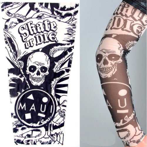 W101 - Modello 29 - Manicotto Tattoo - Manica - Tatuaggio Finto - Immagine - Teschio - Bandiera - Tentacoli - Scritta - Skate Or Die - Tatoo - Mezza Manica - Tribale