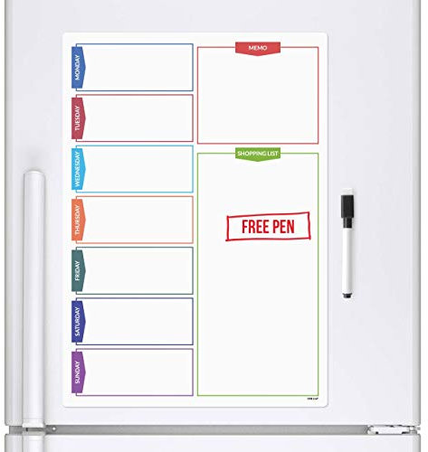 CKB Ltd® - Pizarra blanca magnética para frigorífico (tamaño A3, incluye rotulador y borrador), planificador diario de tamaño grande con borrado en seco para cocina, oficina, para notas, avisos
