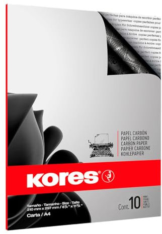 Kores - Schwarzes Kohlepapier für Schreibmaschinen, Kein Verschmieren und wiederverwendbar, Schul- und Büroartikel, Format DIN A4, Packung mit 10 Blatt