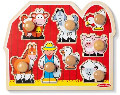 Melissa & Doug Puzzle in Legno Con Pioli Grandi - Amici Della Fattoria, Giochi a incastro con animali per bimbo o bimba, Gioco puzzle pezzi grandi bambini