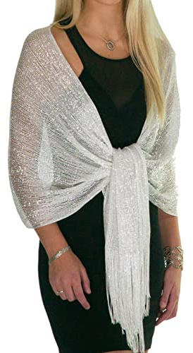 ShineGlitz Shawls and Wraps for Evening Dresses, Metallic Sparkle Womens Wedding White Shawl