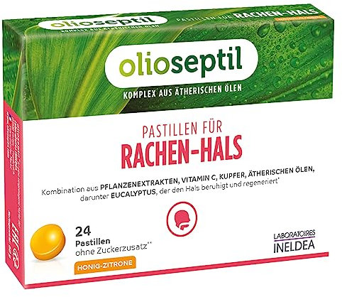OLIOSEPTIL® - Pastilles à Sucer Gorge-Larynx - Sans Sucres Ajoutés - Extraits de Plantes, Vitamine C, Cuivre et Huiles Essentielles - Apaise et Assainit la Gorge - 24 Pastilles – Gout Miel-Citron