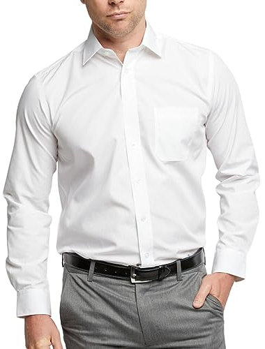 Double TWO Men's Dress Shirt Long Sleeve Business Casual Classic Fit Formal Shirt with Pocket - White, 17.5in Collar