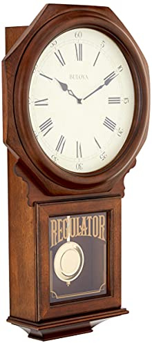Bulova C3543 Ashford Wall Clock | 25 Schoolhouse Design | Walnut Finish | Harmonic Triple-Chime Movement | Engraving Plate