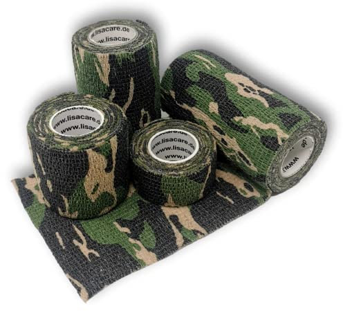 LisaCare - selbsthaftende Bandagen - Tarnband selbsthaftend - Tarnband selbstklebend 4er-Set 2,5-10cm breit Bandage Pflaster (Camouflage grün)