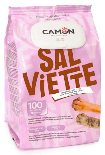CAMON | Salviette Detergenti per Cani e Gatti, 30x17 cm, Confezione da 100 Pezzi, Fragranza Latte e Miele, Senza Alcool etilico né Parabeni, Made in Italy, Il Pacchetto può variare