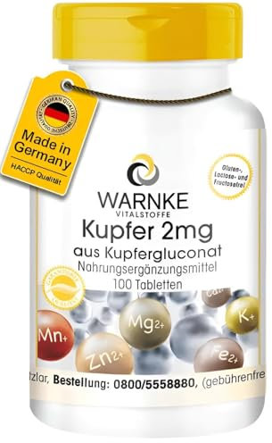 Kupfer 2mg aus Kupfergluconat - 100 Tabletten - vegan | Warnke Vitalstoffe - Deutsche Apothekenqualität