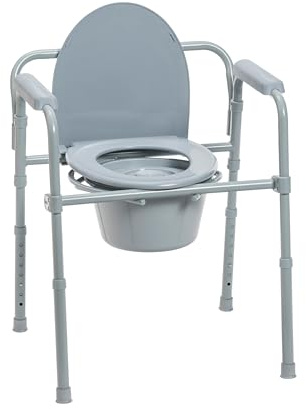 Drive Medical Folding Steel Bedside Commode Chair - Portable 3-in-1 Toilet Solution - Adjustable Height - 7.5 Qt Bucket Included - Durable Powder-Coated Steel Frame - Supports up to 350 Lb