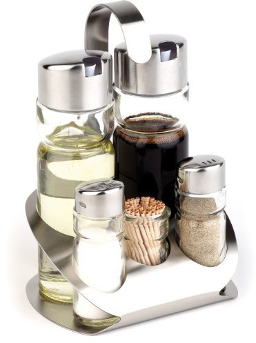 APS 40480 Menage PRO, 13 x 11 cm, Höhe 19 cm, Set bestehend aus: Essig- und Öl-Flasche, Salz- und Pfefferstreuer, Zahnstocherspender, Ständer aus Edelstahl (matt poliert)