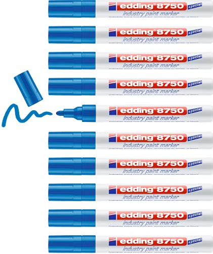 edding 8750 industry paint marker - bleu - 10 stylos - pointe ronde 2-4 mm - marqueur pour peinture pour écrire sur des surfaces poussiéreuses et légèrement huileuses, pneus, métal, verre et bois