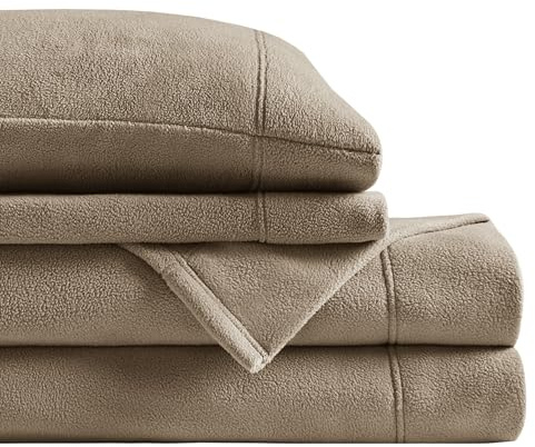 True North by Sleep Philosophy Micro Fleece Bed Sheet Set, Warm, Sheets with 14 Deep Pocket, for Cold Season Cozy Sheet-Set, Matching Pillow Case, Queen, Brown, 4 Piece