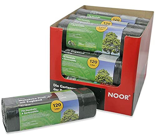 NOOR Bolsas de basura profesionales de 120 L, bolsas de basura reciclables con cordón para un uso fácil, bolsas de basura extrafuertes para el hogar y el jardín, rollo de 20 unidades