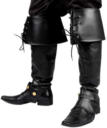 shoperama Herren Stiefelstulpen Leder-Optik für Piraten Steampunk Krieger Boot Cover, Farbe:Schwarz