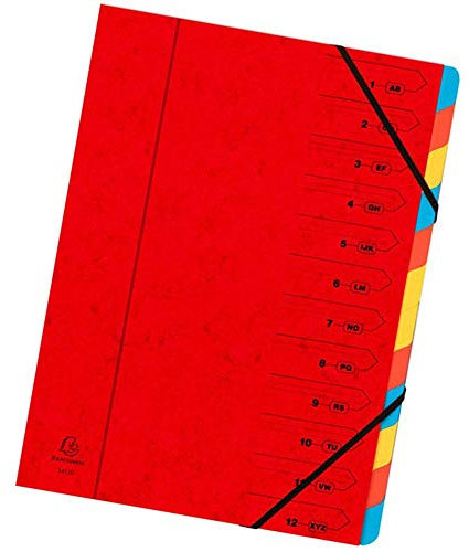 Exacompta 54125E Premium Ordnungsmappe geheftet. Aus extra starkem Colorspan-Karton DIN A4 12 vollfarbige bunte Fächer und 2 Gummizüge mit Organisationsdruck Ringmappe Register-Mappe rot