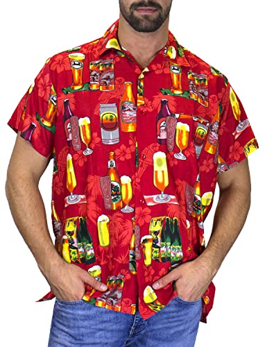 V.H.O. Camisa-Hawaiana Hombre Manga-Corta Bolsillo-con-Hendidura Elegante Funky Palmeras Fiesta Botellas Cerveza Unisexo