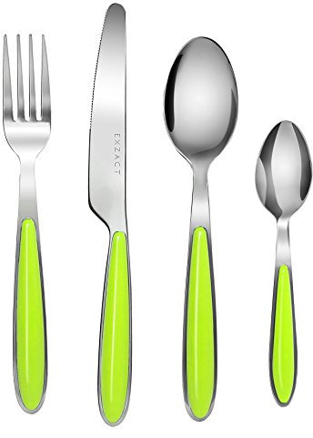 EXZACT Cutlery Set of 16, Stainless Steel with Color Handles - 4 Forks, 4 Dinner Knives, 4 Dinner Spoons, 4 Teaspoons - EX07 (Green x 16)