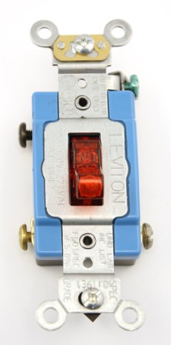 Leviton 15 Amp, 120 Volt, Toggle Pilot Light, Illuminated ON, Req. Neutral Single-Pole AC Quiet Switch, Industrial Grade, Self Grounding, 1201-PLR, Red