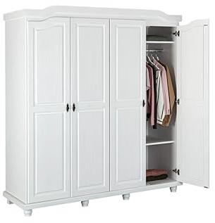 Inter Link - Kleiderschrank - Kiefer massiv - Garderobenschrank - Landhaus Still - Wäscheschrank - Mehrzweckschrank - Schlafzimmerschrank - 4 Türig - Kiefer massiv - Weiss lackiert - Isny