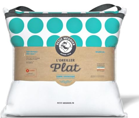 Petit meunier - Le Souple synthétique - Oreiller 60x60cm Carré synthétique - Maintien Cervical - Microfibre - Souple - Dormir sur Le Dos - Anti Transpirant - Oeko-TEX - Fabriqué en France