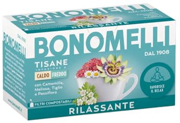 Bonomelli Tisane Funzionali, Rilassante, Confezione da 16 Filtri, con Camomilla, Melissa e Valeriana, Integratore Alimentare, Favorisce Distensione e Serenità, Infusione a Caldo e a Freddo (32g)