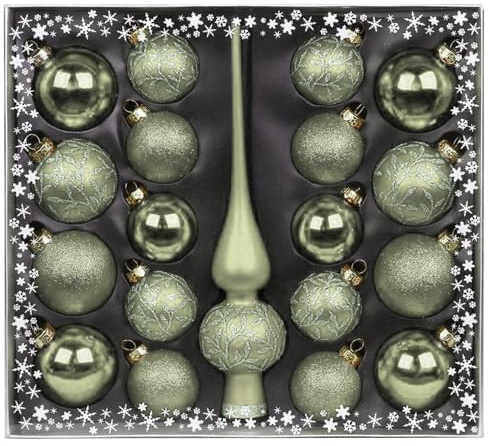 MAGIC Kugelsortiment Glas Dekor 19 TLG. mit Spitze Christbaumkugeln Christbaumschmuck Tannenbaum Deko Weihnachten Weihnachtskugeln (Mild Sage)