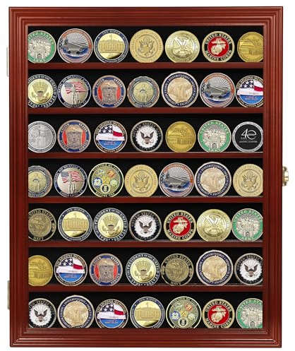 Military Challenge Coin Display Case Wall Mount Cabinet Poker Chips Holder Display Case Stand Rack Mahogany Finish Frame Pro 98% UV Protection