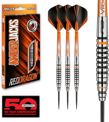 RED DRAGON Darts – Amberjack 14 Series 27g Steel Tip Dart Set with Dart Flights and Dart Shafts (Stems)