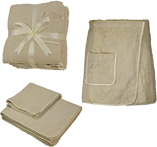 EXKLUSIV HEIMTEXTIL Sauna Set 3-Teilig Frottee Saunakilt Saunatuch Sarong Herren beige