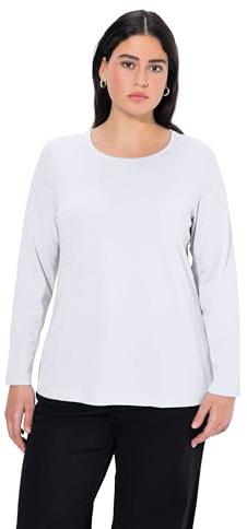 Ulla Popken Maglietta Basic da Donna, Girocollo, Sottile, a Maniche Lunghe, Bianco Neve, 52/54 IT