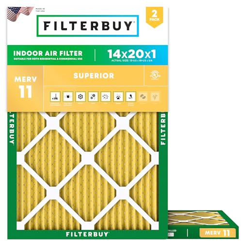 Filterbuy 14 x 20 x 1 luftfilter MERV 11, veckad HVAC AC ugnsfilter (2-pack, guld)