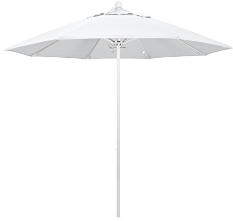 California Umbrella 9' Round Aluminum/Fiberglass Umbrella, Push Open, White Pole, Olefin White Fabric